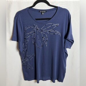 INC International Concepts Navy Embellished Leaf Tee Women’s XL 100% Cotton